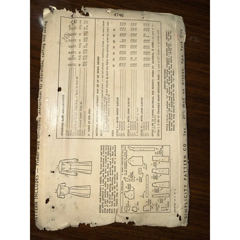 1940s Simplicity sewing pattern number 1746 Dress Size‎ 16 Bust 34
